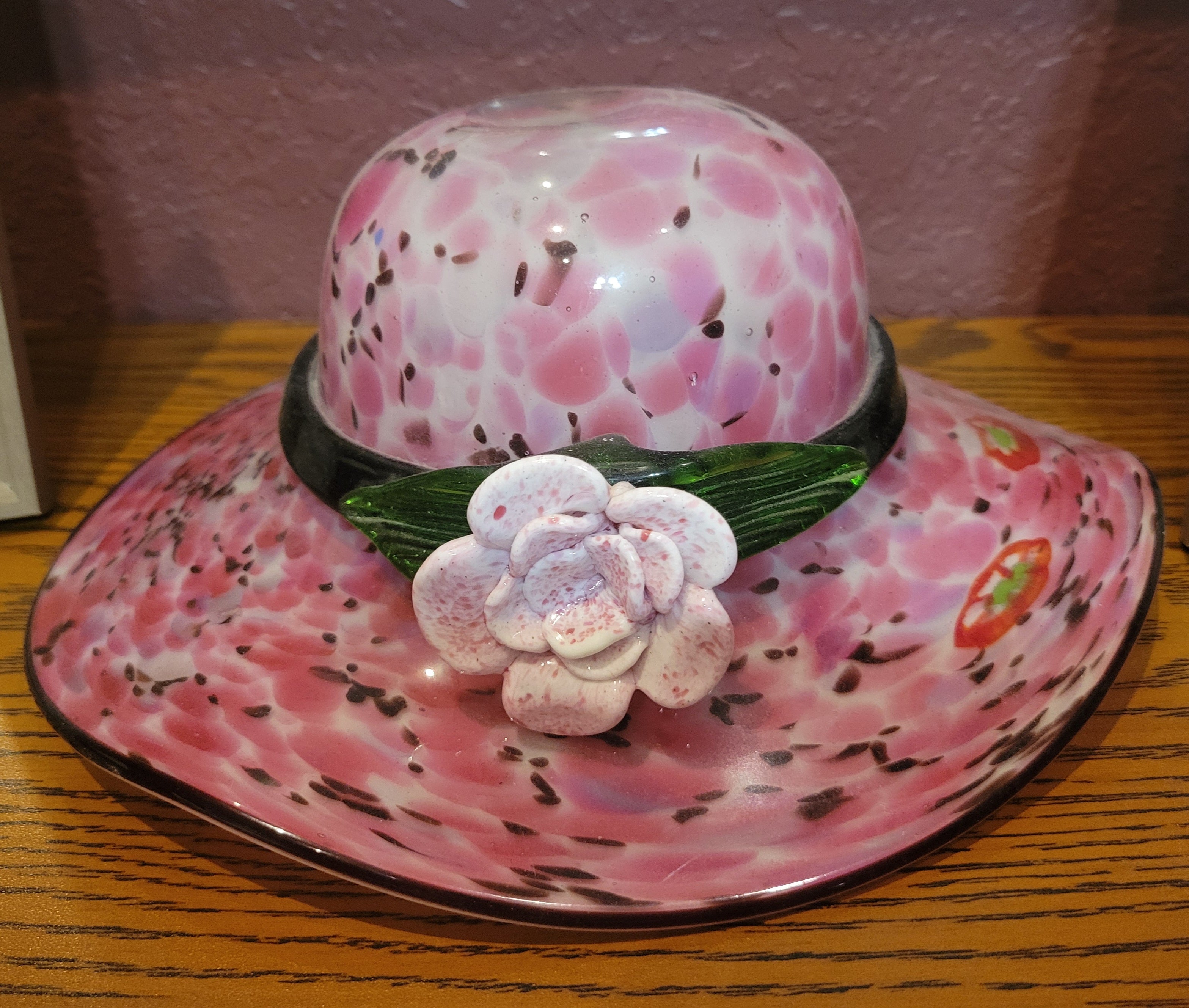 Vintage Murano Art Glass Pink Mottled Hand Blown Flower Hat Vase Bowl